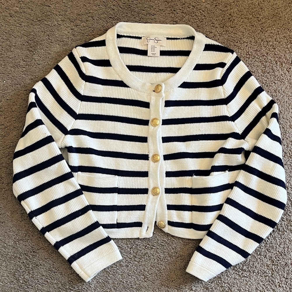 Jessica Simpson Navy and White Striped Cardigan with Gold Button